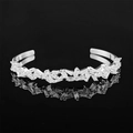 Adjustable S925 silver cuff bangle featuring baguette-cut cubic zirconia in silver finish - Wave Geometric Rhinestone (S5215WHITE) / Silver Wave Geometric Style
