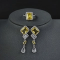 Elegant jewelry set with emerald-cut yellow gemstone ring and teardrop earrings - US 9 / Yellow