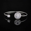 Adjustable silver cuff bracelet featuring a sunflower zircon cluster and solitaire stone - Silver Sunflower Style
