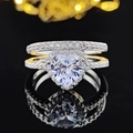 Conjunto de anillos de lujo con cristal de corazón y pavé con acabado plateado fino - Talla 5 / Juego de Clúster Bicolor de Corazón (R1707-R4211A)