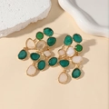 Retro geometric drop earrings with green and cream faux gemstones in gold setting - Green Imitation Gold