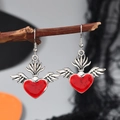 Vintage gothic wing earrings with red heart and flame details on a stylized branch - Red Heart Wings Flame Style (WEH6242)