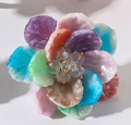 Macro view of colorful resin flower petals with faceted beads on adjustable ring - Stacked Colorful Flower Ring (X2414) / Colorful