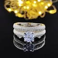 Conjunto de dos anillos de novia de lujo con piedra redonda y acabado bicolor - Talla 5 / Juego bicolor de circonita redonda (R5030A+R5030C白)