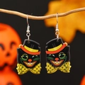 Halloween black cat earrings with hat and bowtie hanging on branch for party - Top Hat Black Cat (WEH3613)