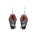 Detail of gothic coffin earrings featuring snake and hand design on red background - Red Snake Hand Style (WEH3437)