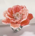 Macro detail of coral pink resin flower ring with crystal beads and adjustable silver band - Exquisite Petal Ring (X2414) / Adjustable Open / Pink