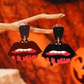 Glittery vampire lip earrings with fangs on a wooden branch for Halloween decor - Vampire Bleeding Lips Style (WEH5164) / Black Red Lips