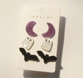 Set de pendientes de Halloween con luna brillante morada, fantasma blanco y dijes de murciélago - Luna Púrpura Fantasma Blanco Murciélago Negro (WEH5227)