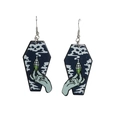 Detail of gothic coffin earrings featuring skull smoke and green potion bottle art - Black Green Potion Style (WEH3436)