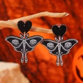 Gothic black moth earrings with mystical moon and star symbols for Halloween jewelry - Gothic Mystery Symbol Moth Style (WEH5163) / Black