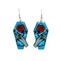 Detail of coffin-shaped acrylic earrings featuring a red rose and zombie hand design - Light Blue Rose Hand Style (WEH3435)
