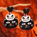 Halloween drop earrings featuring a black cat with skeleton pumpkin and party hat - Black Cat and Skull Pumpkin Style (WEH5160) / Black