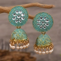Vintage vergoldete Glockenohrringe mit blauem Emaille und Perlen auf einem Holzzweig - Schieferblau Emaille Hohl-Stil (weh5898)