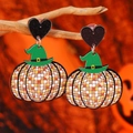 Acrylic Halloween earrings with sparkling heart studs and disco pumpkin witch pendants - Disco Pumpkin With Witch Hat Style (WEH5159) / Colorful