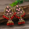 Pendientes Jhumka vintage con esmalte floral y borlas de cuentas rojas en madera rústica - Estilo Oro Antiguo Rojo (weh5899)