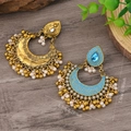 Detail view of crescent drop earrings with size measurements of 7.0cm by 5.7cm in width - Lake Blue Antique Gold (WEH5904)