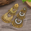 Detailed view of vintage bohemian earrings with dimensions 9.3cm by 4.2cm on wood background - Gray Antique Gold (WEH5905)