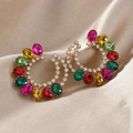 Boucles d'oreilles dorées en C exagérées avec pierres précieuses colorées et éclats - Multicolore Or (WEH5760)