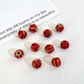 Red pumpkin shaped ceramic beads with green stripes for DIY jewelry making - Red