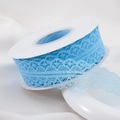 Detailed close-up of light blue lace ribbon with delicate floral patterns for DIY crafts - 30mm-22m / Lake Blue