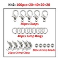 100pcs silver jewelry DIY kit including lobster clasps, jump rings and crimp beads - Set 2 / White K/Silver