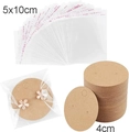 Macro detail of 4cm kraft paper earring cards and 5x10cm clear self-sealing plastic bags - Round / Khaki