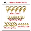 100pcs golden DIY jewelry making kit with lobster clasps, jump rings and crimp beads - Set 2 / Gold
