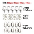 100pcs silver alloy jewelry kit with lobster clasps, jump rings and ribbon end crimps - Set 3 / Silver