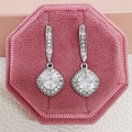 Elegant silver square cushion-cut zircon earrings set in a pink velvet jewelry box - White