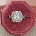 Elegant princess cut diamond ring with halo and pavé band in a pink velvet box - US 6 / Rose Gold