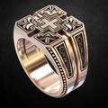 Two-tone men's cross signet ring with vintage fleur-de-lis engravings and gold finish - US 12 / Rose Gold