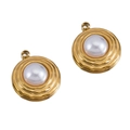 Ciondolo con perla dorata e trama floreale con intarsio bianco per gioielli fai-da-te - Stile Rotondo / 15.8*18.8mm / Oro