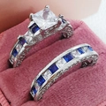 Silver square blue zircon engagement ring set with micro-pave crystals in pink velvet box - US 10 / Blue