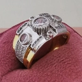Mechanical style two-tone men's ring with large round zircon inlay in a purple gift box - US 7 / Gold and Silver Two-tone