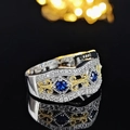 Vintage wide silver band ring with blue sapphire stones and gold floral accents - US 6 / Sapphire Blue