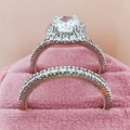 Elegant silver and rose gold halo ring set with pave crystals in a pink velvet gift box - US 6 / Silver