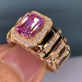 Bague de fiançailles en or rose avec cristal rose taille émeraude et pavé de zircons - US 6 / Rose