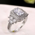 Elegant emerald cut zircon ring with double halo pavé diamonds in silver finish - US 6 / White Gold
