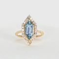 Golden halo engagement ring with hexagonal light blue topaz and white diamond accents - US 6 / Blue