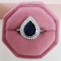 Pear cut sea blue topaz ring with double halo diamonds in a pink velvet jewelry box - US 6 / Dark Blue