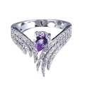 Fashion wing ring with pear cut purple gemstone and white diamonds in silver finish - US 5 / Purple