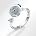 Verstellbarer silberner Anti-Angst-Ring mit drehbarer Zirkonia-Scheibe im Evil-Eye-Stil - Rotierender Böser-Blick-Ring - Silber Blau