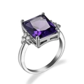 Elegant silver ring with square purple zircon center stone and side diamonds - US 6 / Purple