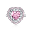 Elegant silver heart ring featuring a large pink zircon center and double diamond halo - Adjustable Open / Pink