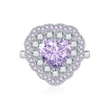 Elegant silver heart ring with purple gemstone and double-layered cubic zirconia halo - Adjustable Open / Purple