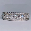 Elegant silver band ring with triple row pave setting and central round clear crystals - US 6 / White Gold