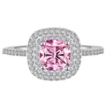 Luxurious pink cushion cut zircon ring with a double halo and micro-pave silver band - US 5 / Pink