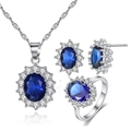 Elegant halo jewelry set with oval blue zircon necklace, earrings and ring in silver finish - Blue / Open Ring