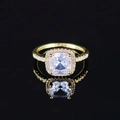 Luxury gold engagement ring with cushion cut center stone and halo pave diamonds - Size 6 / Gold